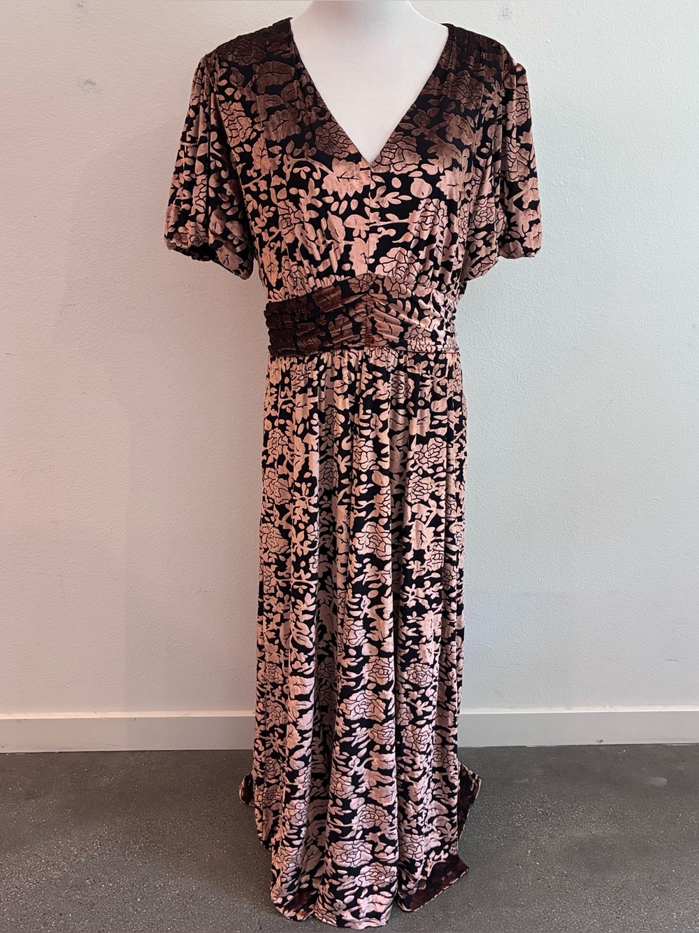 Baltic Born 1XL Black & Bronze Burnout Velvet Floral Maxi Dress Boho Empire Wais